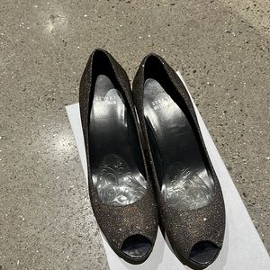 Stuart Weitzman gold silver sparkle high cork wedges